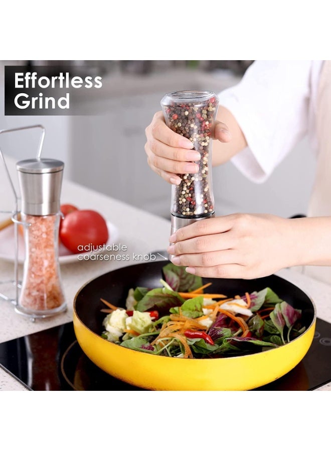 CLENEA طقم مطاحن ملح وفلفل مكون من قطعتين، مصنوع من الفولاذ المقاوم للصدأ والزجاج مع إمكانية تعديل درجة الطحن، مع علب توابل شفافة سعة 6 أونصات، للاستخدام على طاولة المطبخ، أو لتناول الطعام في المنزل، أو كهدية. - Image 4